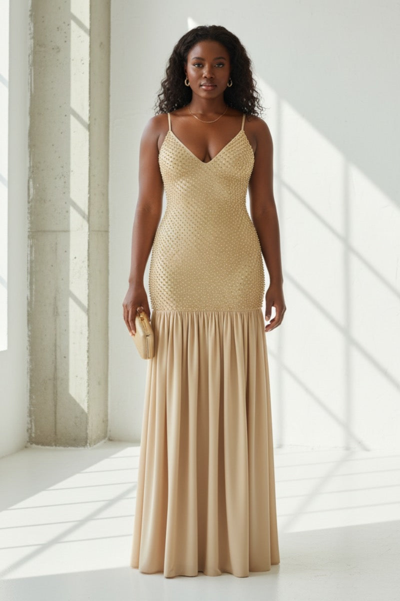 Tahila Gold Pearl Chiffon Gown Large