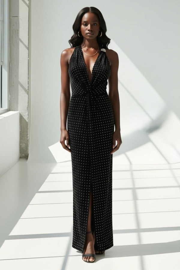 Meena Halter Rhinestone Velvet Dress