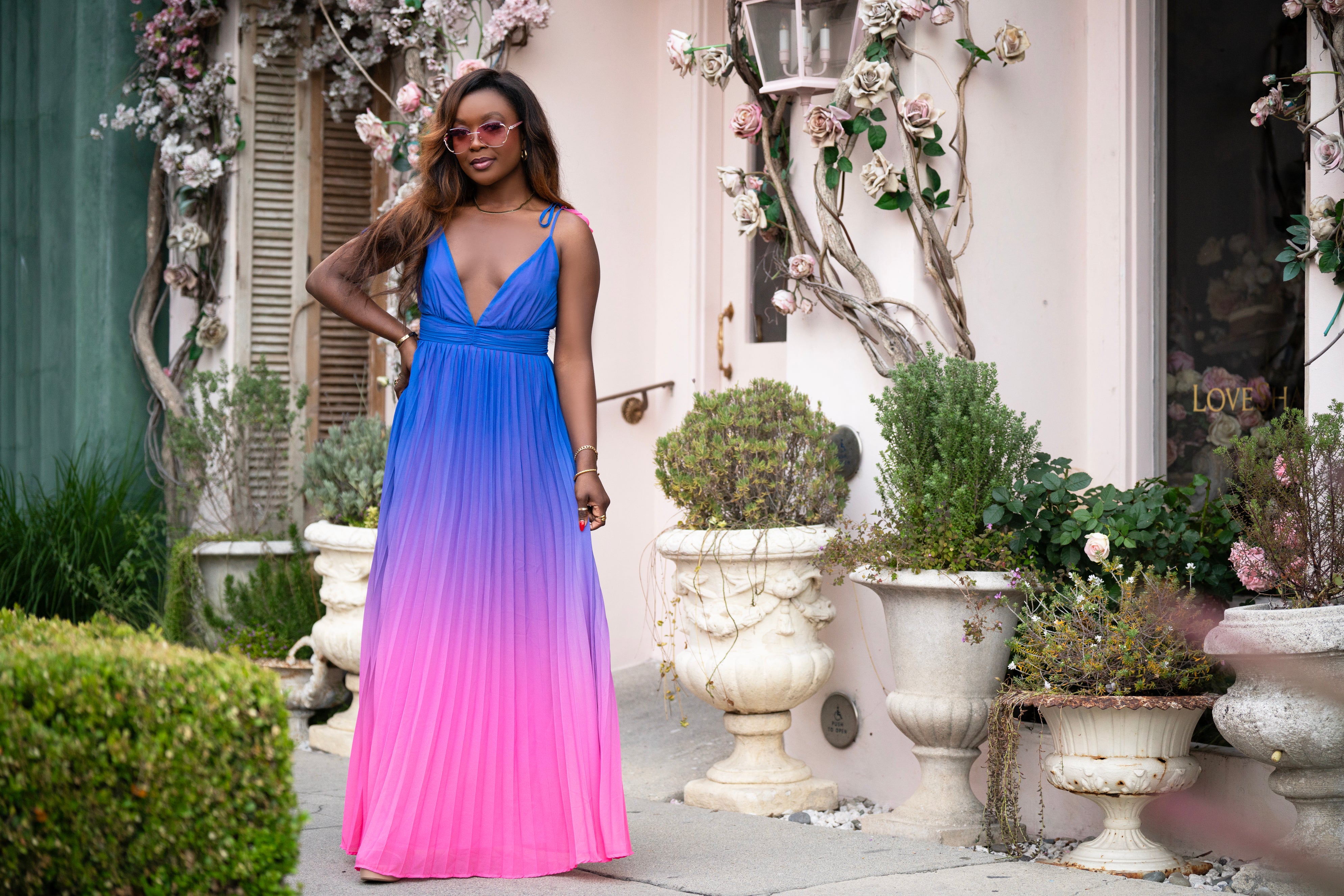 Pleated ombre shop maxi dress