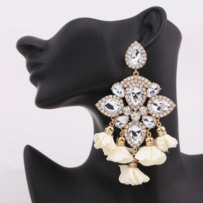 Ivory Crystal and Fabric Floral Chandelier Earrings